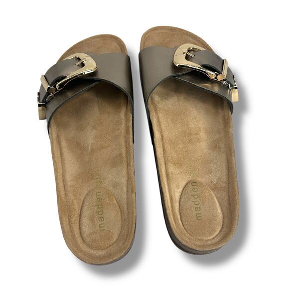 NEW Madden Girl Brookk Buckled Footbed Slides Size 6.5 Metallic Taupe Sandals - Picture 7 of 10